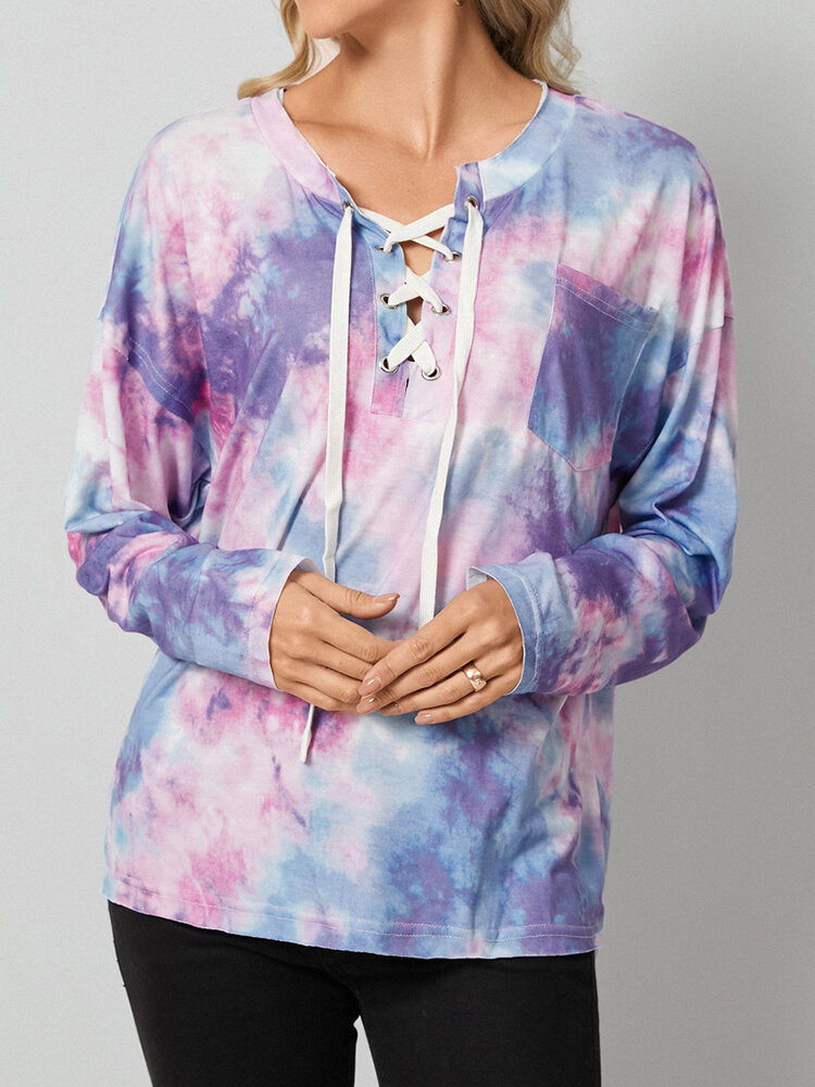 Tie Dye Print Lace Up Long Sleeve Pocket Sweatshirt For Women