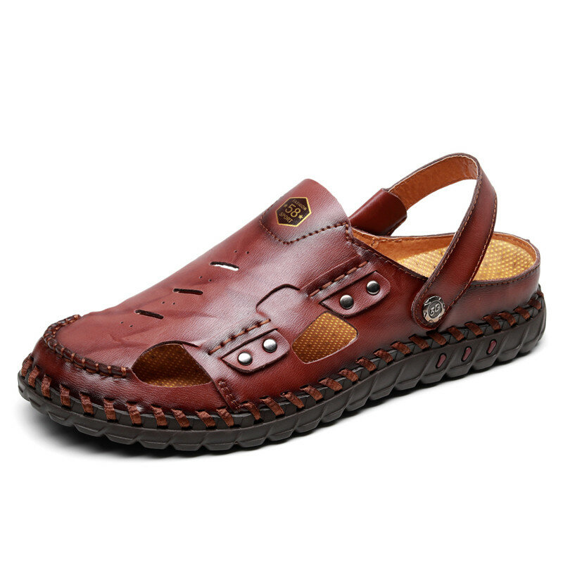 Men Hand Stitching Leather Non Slip Soft Sole Outdoor Casual Sandals