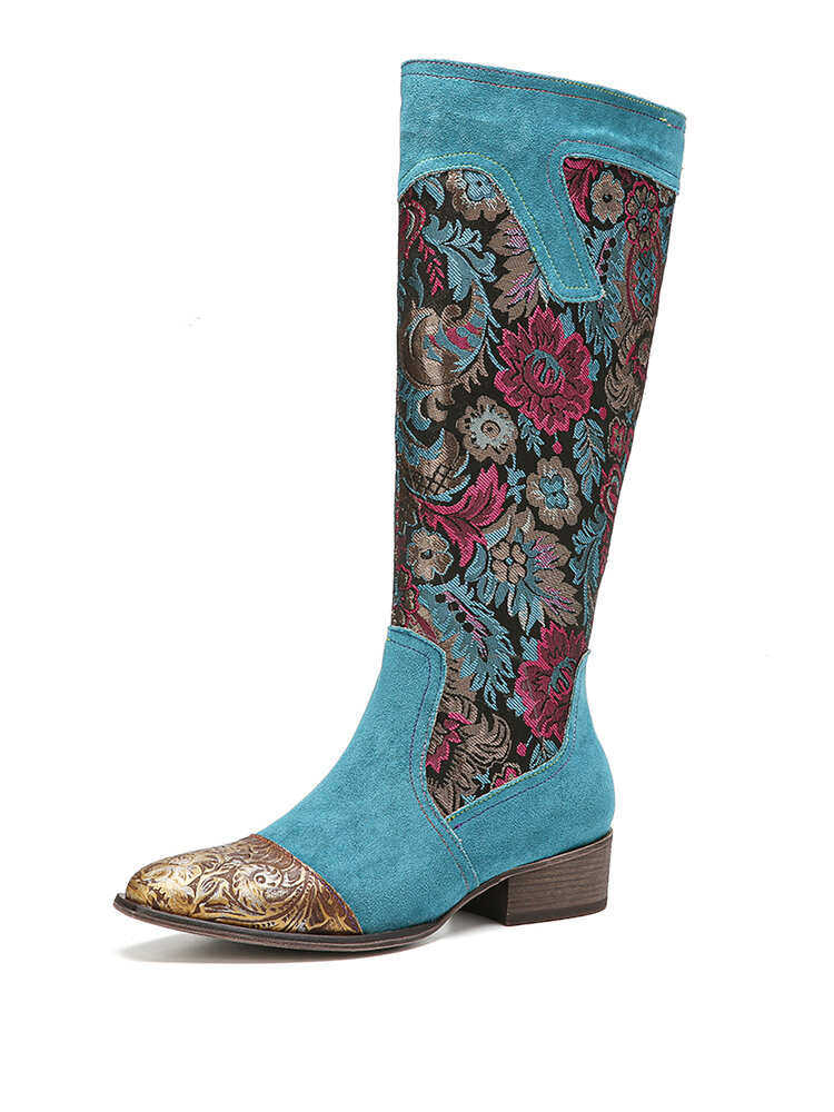 

SOCOFY Flower Bush Cloth Splicing Floral Embossed Genuine Leather Elegant Casual Mid-Calf Boots, Khaki;blue
