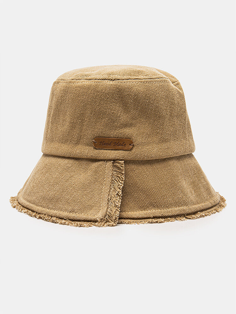 Unisex Washed Dacron Solid Color Letter PU Label Rough Edges All-match Sunshade Bucket Hat