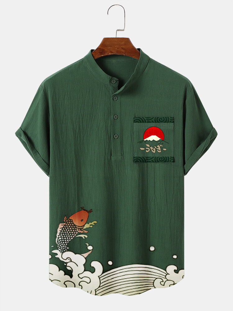 

Mens Japanese Wave Carp Print Texture Short Sleeve Henley Shirts, Green