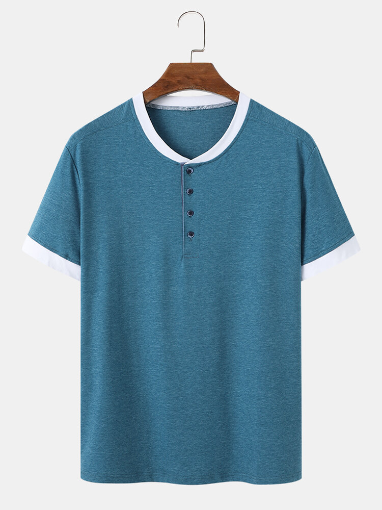 Mens Solid Color Half Button Casual Short Sleeve T-Shirts