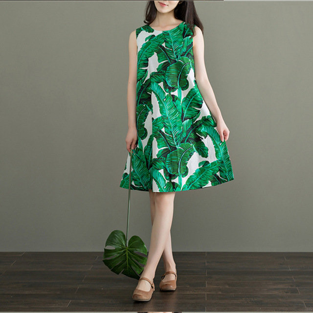 Green Light Forest Printing Cotton Loose Thin Vacation Round Neck Sleeveless Vest Skirt Dress Female