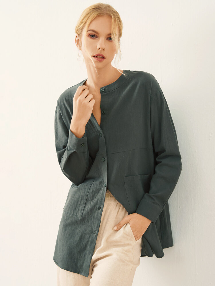 Solid Dual Pocket Button Front Stand Collar Blouse