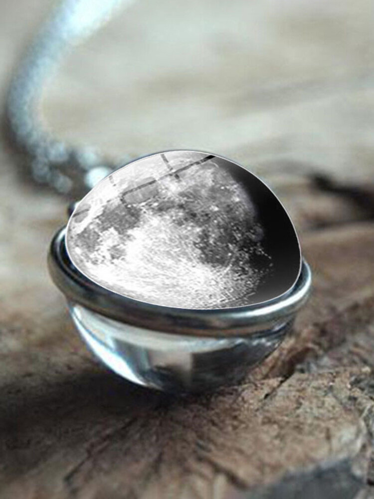 Double-Sided Glass Ball Women Necklace Gray Galaxy Planet Pendant Necklace Jewelry