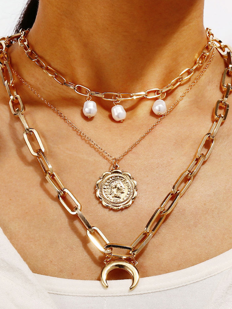 

Trendy Brief Embossed Round Pearl Moon Pendant Pearl Alloy Multi-layer Necklace