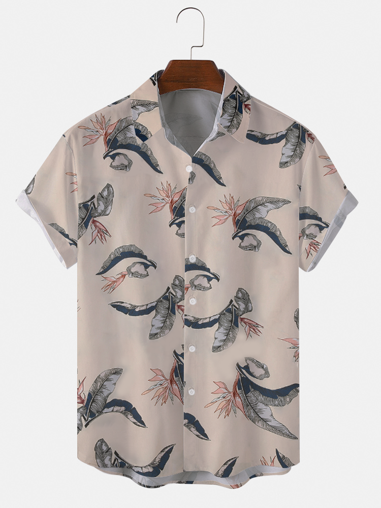 Mens Fall Leaves Printed Front Buttons Short Sleeve Shirts