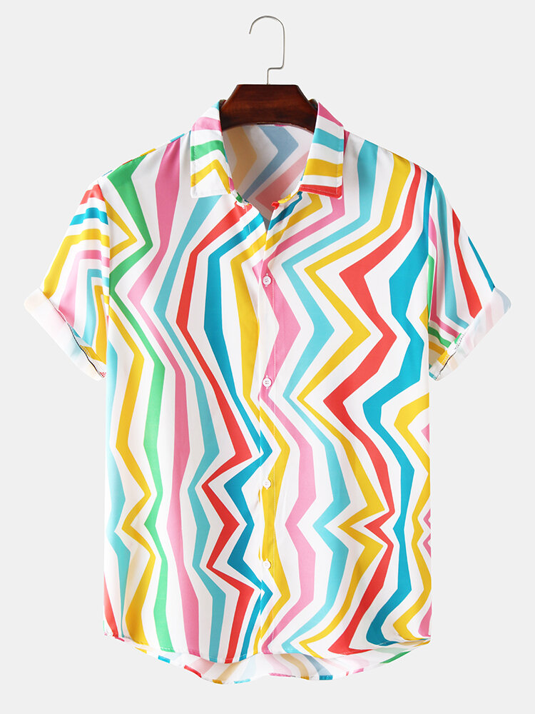 Mens Colorful Irregular Striped Print Light Short Sleeve Shirts