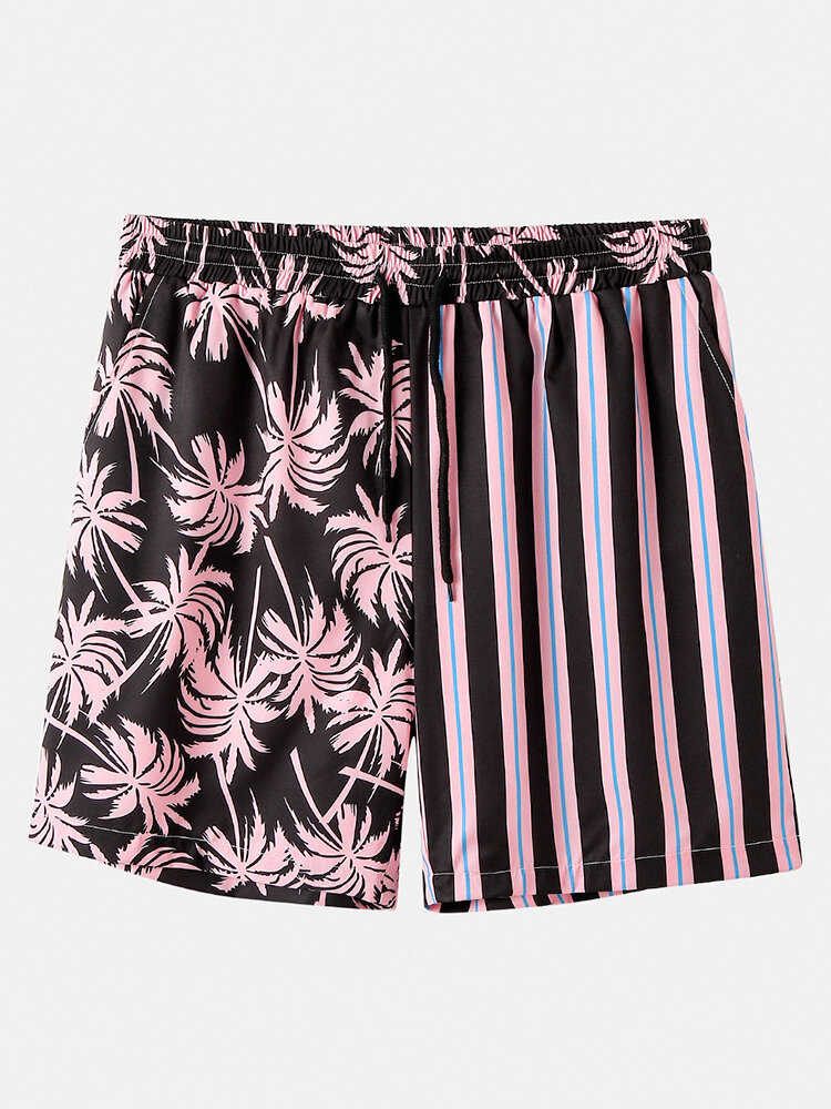 Mens Coconut Tree & Stripes Print Loose Casual Drawstring Waist Shorts