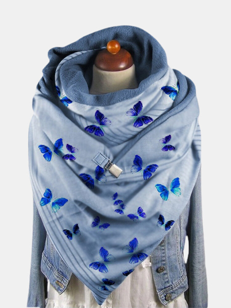 Women Dacron Colorful Butterfly Pattern Print With Buckle Casual Thicken Warmth Shawl Scarf