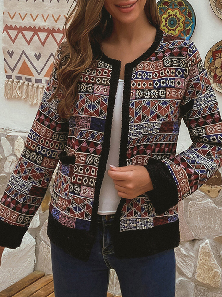 To seek refuge tofu Compatible with O-NEWE Vintage Ethnic Print Fleece Patchwork Plus Size Tweed Jackets -  Newchic Plus Size Outerwear