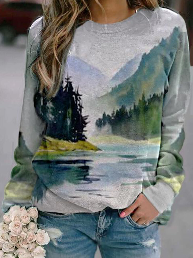 Landscape Print Long Sleeve Crew Neck Casual Sweatshirt For Women