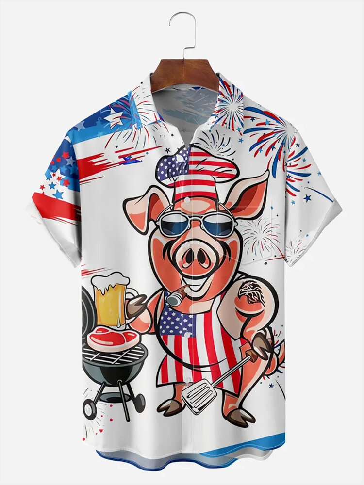 

Mens Cartoon American Flag Pig Print Lapel Short Sleeve Shirts, White