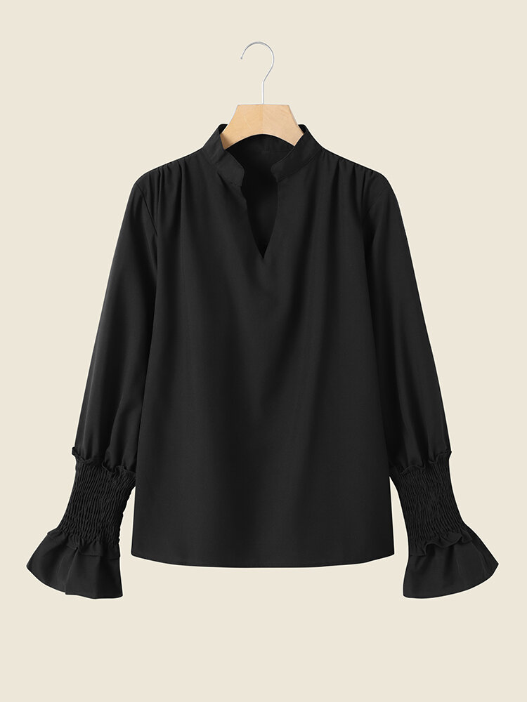 Solid Shirred Long Bell Sleeve V-neck Blouse For Women