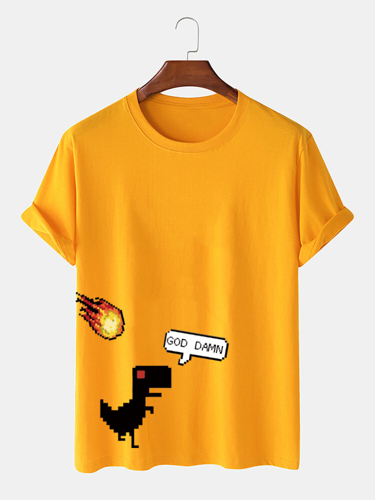 

Mens 100% Cotton Cartoon Funny Dinosaur Print O-Neck Casual T-Shirt, Black;white;gray;blue;orange;khaki;yellow