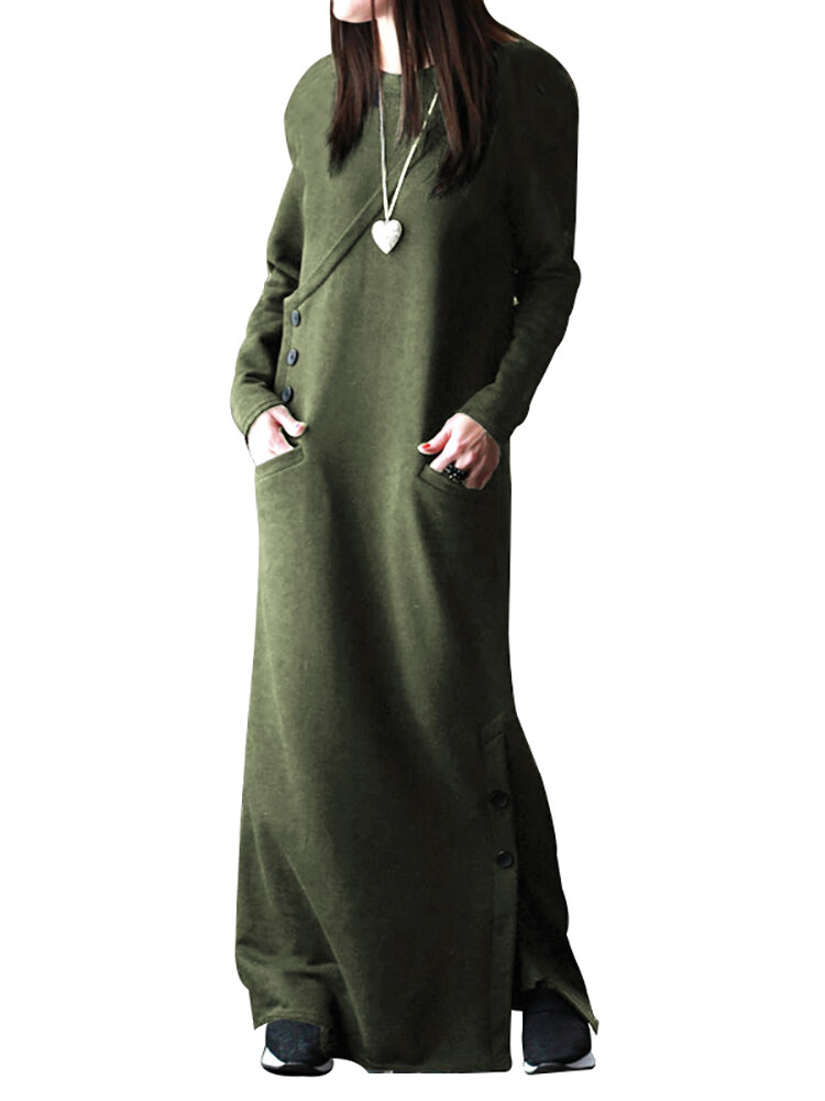 عارضة الصلبة اللون زر طويل الأكمام Plus حجم ماكسي فستان من النوع الثقيل