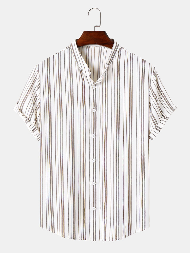 Mens Striped Print Stand Collar Buttons Up Short Sleeve Shirts