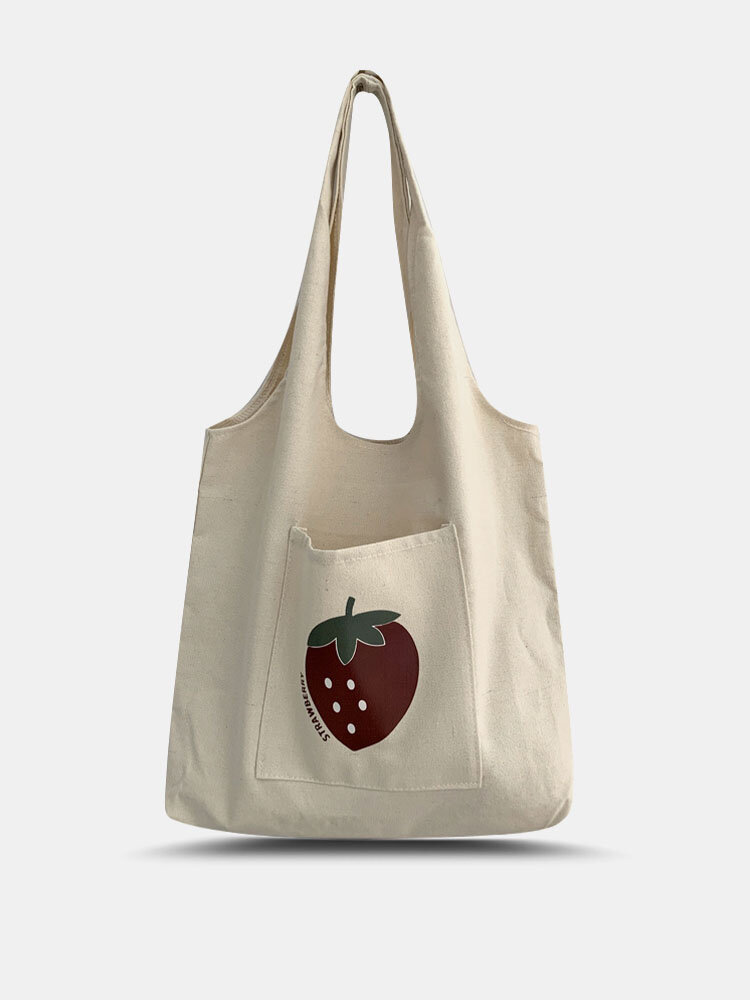Women Canvas Brief Large Capacity Fruit Print Handbag Tote