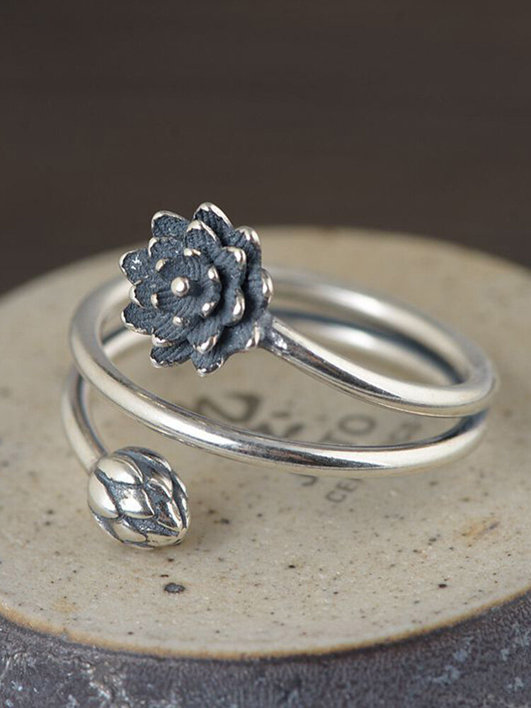 Vintage 925 Silver Open Women Ring Simple Two-Layers Flower Bud Ring