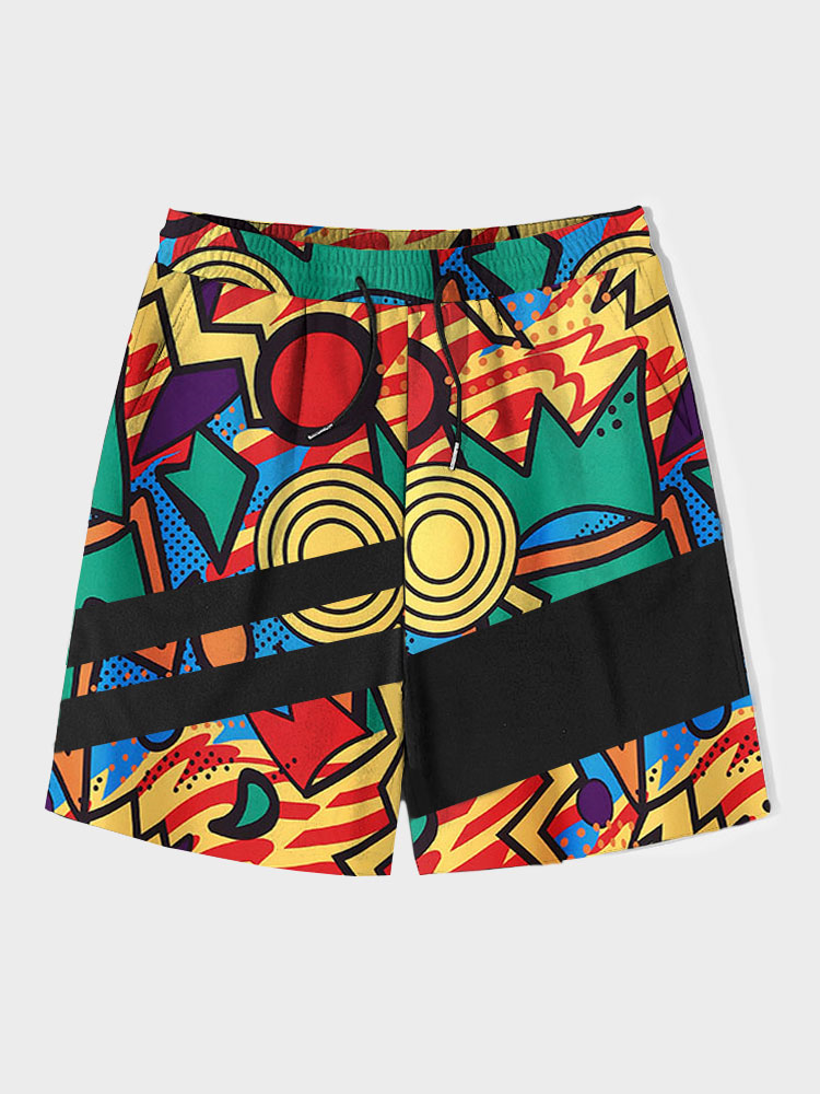 Pantalones cortos de cintura con cordón de patchwork con estampado geométrico abstracto para hombre
