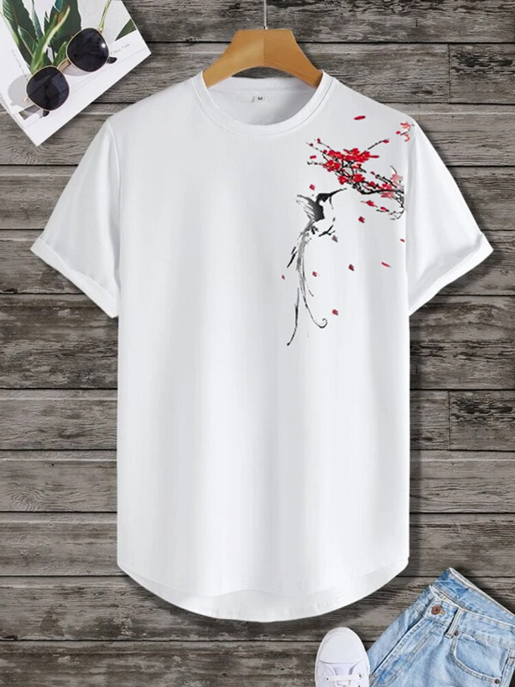 

Mens Chinese Plum Bossom Bird Print Curved Hem Short Sleeve T-Shirts, White