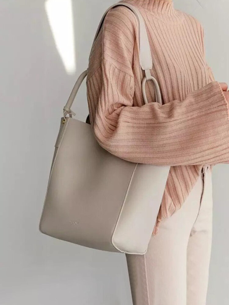 Women Solid PU Leather Bucket Bag Casual Crossbody Bag Large Capacity Shoulder Bag
