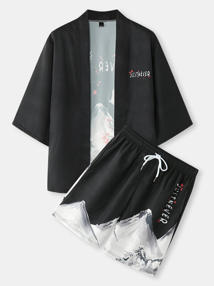 

Mens Crane & Mountain Landscape Print Kimono & Pocket Shorts Co-ords, White;black