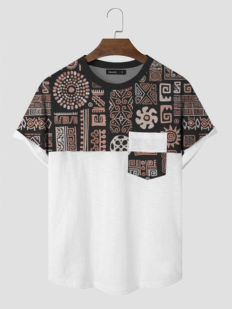 Mens Vintage Geometric Pattern Patchwork Short Sleeve T-Shirts With Pocket