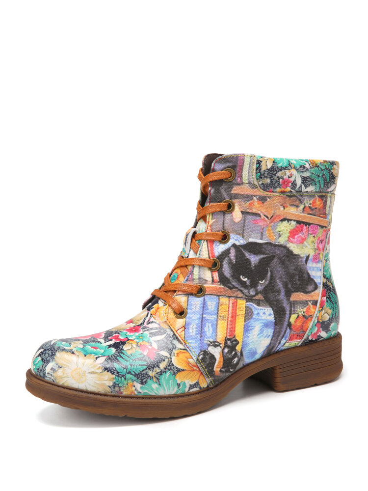 SOCOFY Flowers Playful Cats In The Flowers Printed Leather Comfy Warm Lined Casual Lace Up Zipper Tooling Short Boots