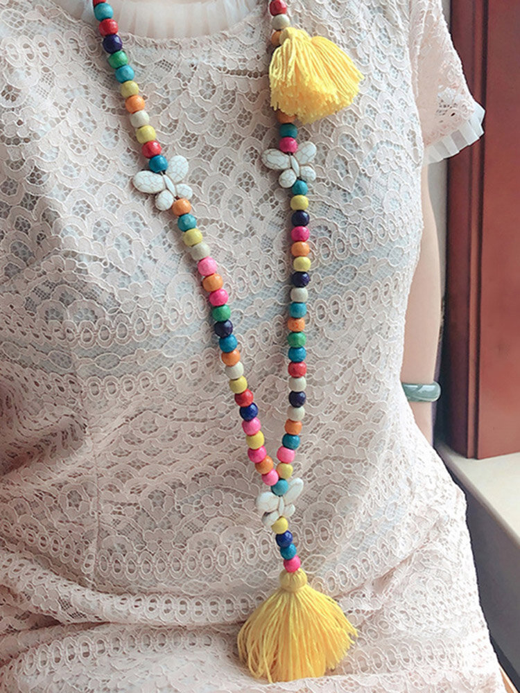 Bohemian Handmade Beaded Cotton Thread Tassel Necklace Colorful Wooden Beads Butterfly Long Sweater Chain