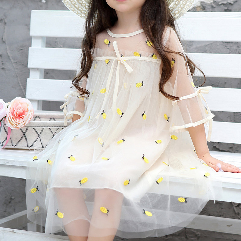 

Pineapple Embroidery Girls Short Sleeve Summer Casual Dress For 2Y-9Y, Beige