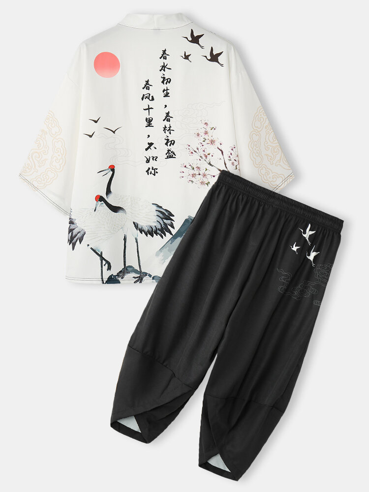 Kimono recortado de dos piezas con estampado de paisaje de poemas chinos para hombre