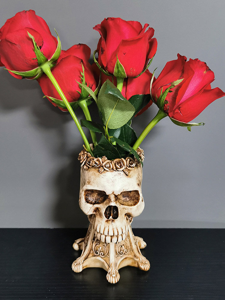 

1 PC Resin Vintage Horror 3D Skull Shape Flower Vase Decoration Hollow Inside Desktop Living Room Bedroom Flower Arrange, #01;#03