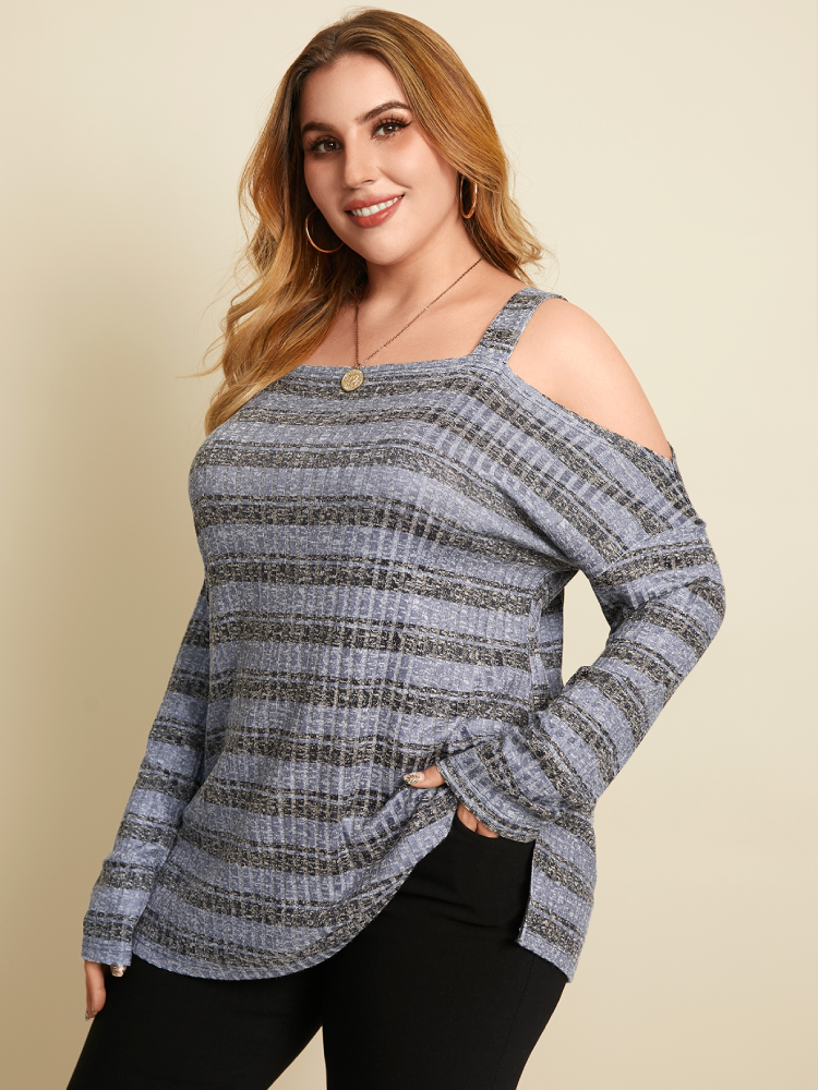 Striped Print Off Shoulder Long Sleeve Plus Size Blouse for Women