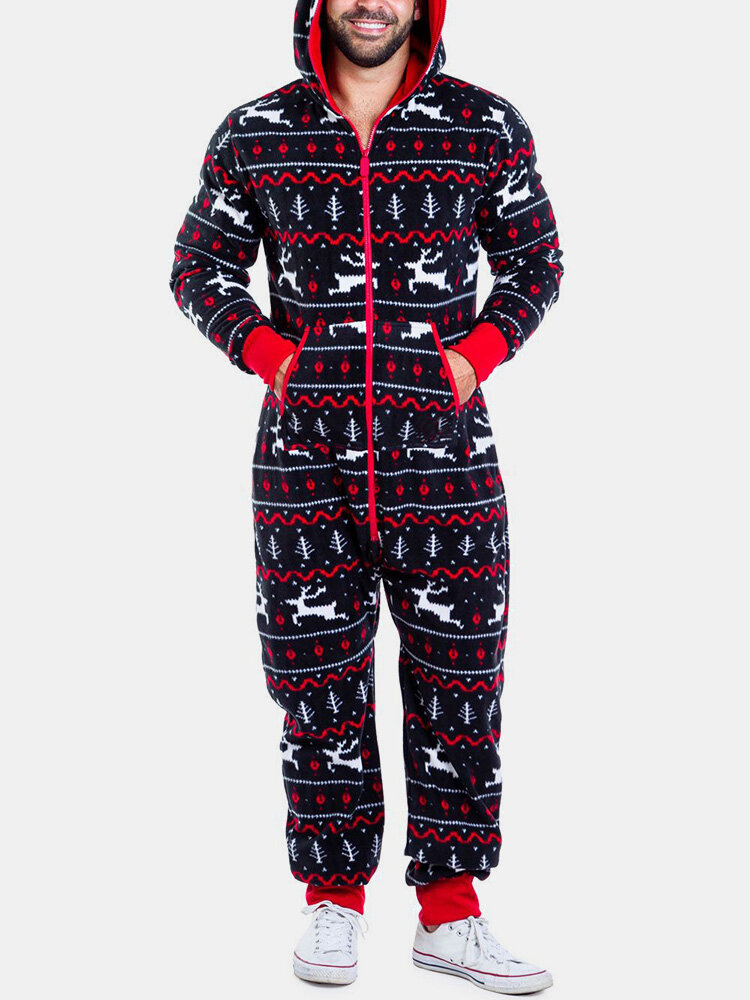 Christmas Elk Print Beam Footed Cozy Jumpsuits Over Zipper Onesies With Waist Pockets