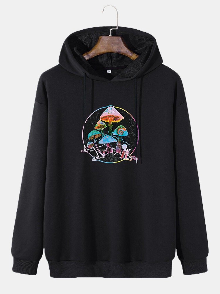 Mens Colorful Reflective Mushroom Print Relaxed Fit Pullover Hoodie