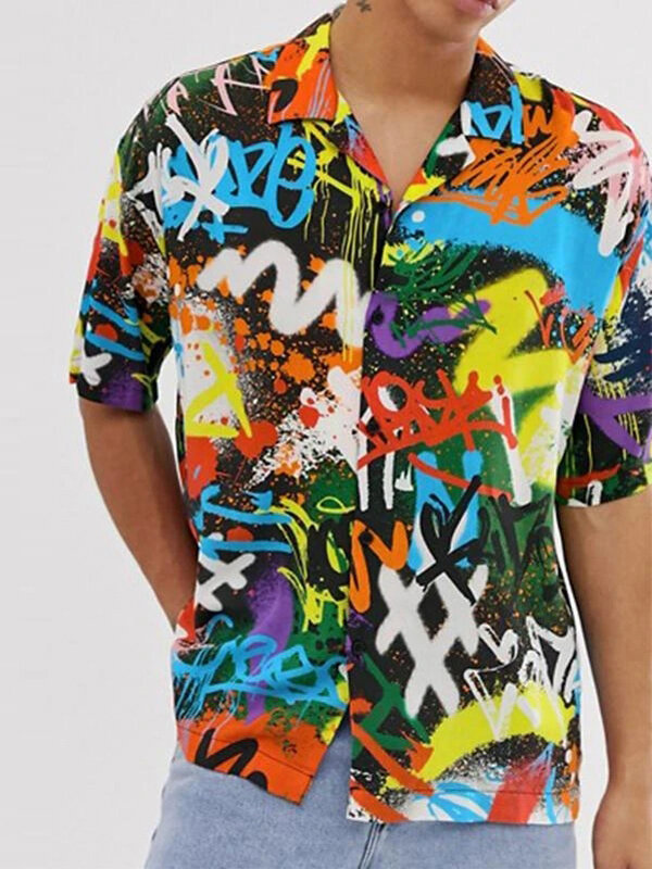 

Mens Colorful Print Buttons Short Sleeve Shirts, Black;white