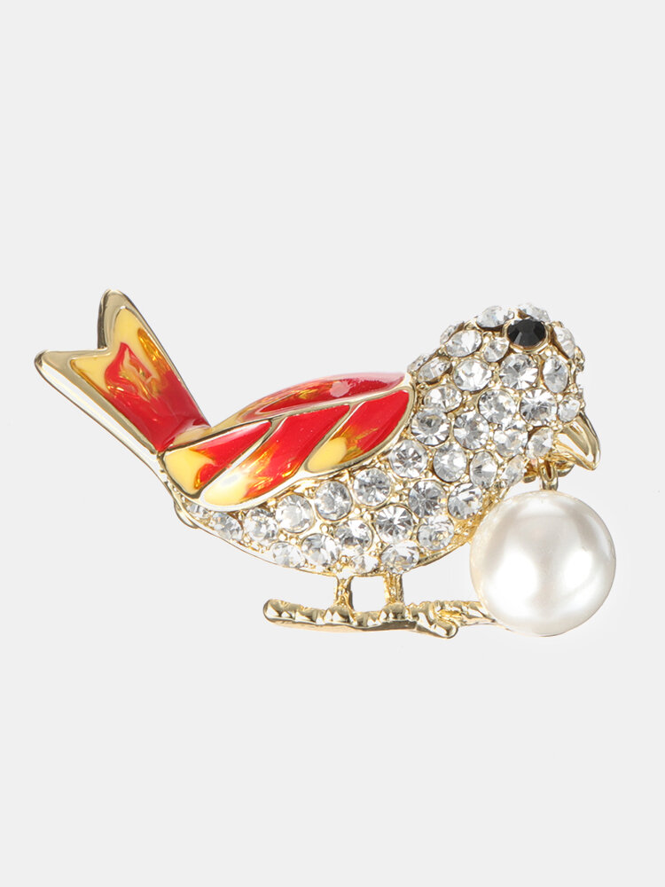 Fashion 18K Gold Colorful Bird Brooches Rhinestones Pearl Luxury Pins Gift for Women 
