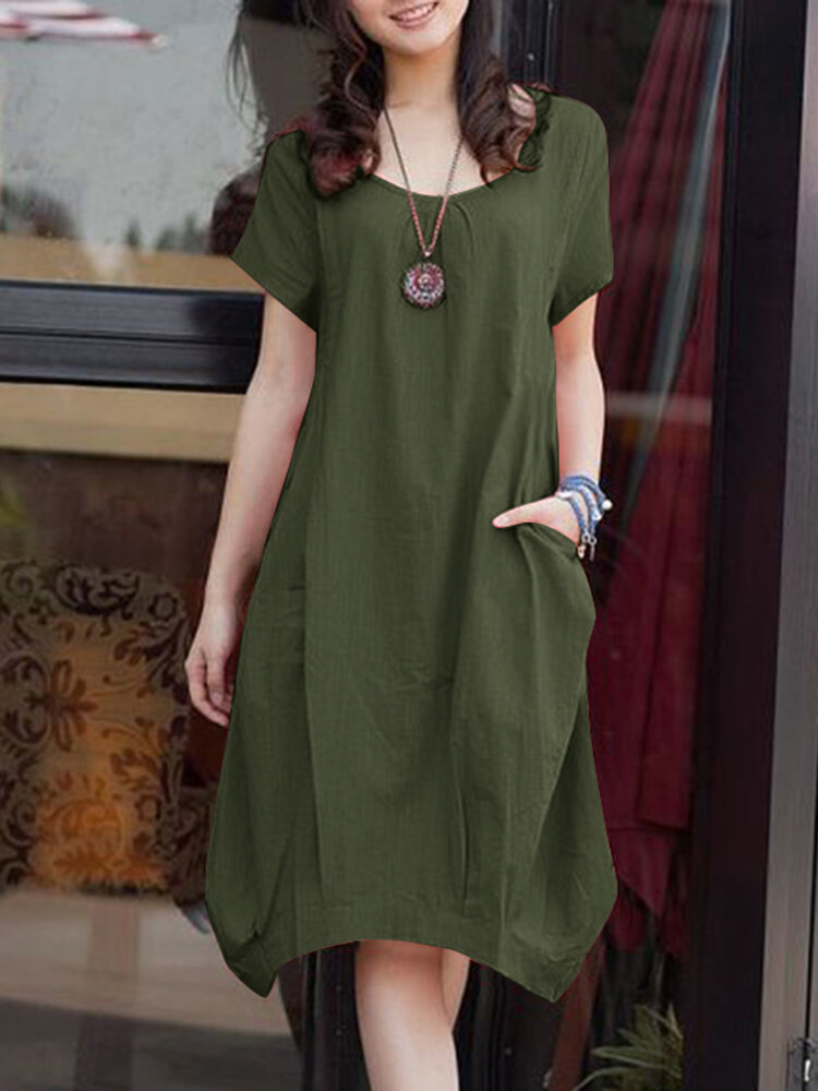 Solid Color Short Sleeve O-neck Pocket Cotton Dress