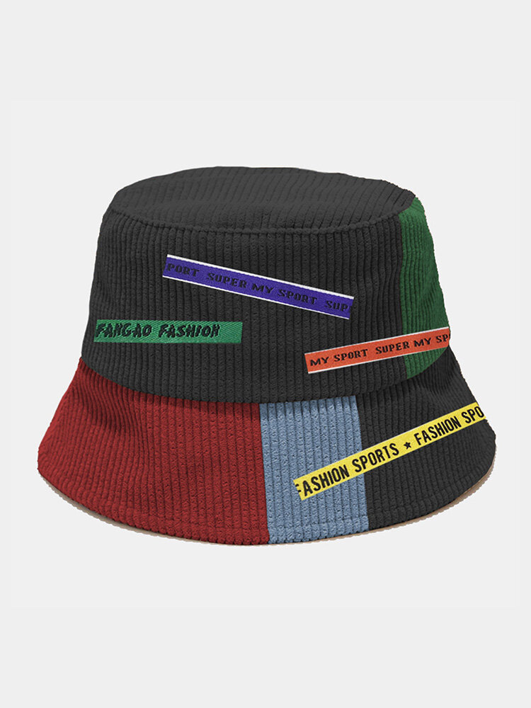 Unisex Corduroy Color Contrast Patchwork Letter Pattern Colorful Label Fashion Bucket Hat