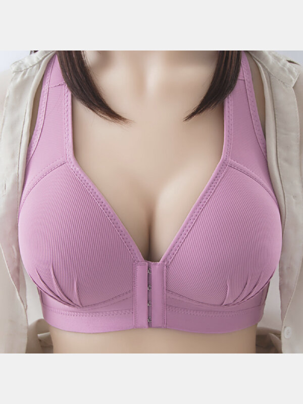 Women Ribbed Wireless Front Closure Full Cup Lightly Lined Wide Straps T-Shirt Bra