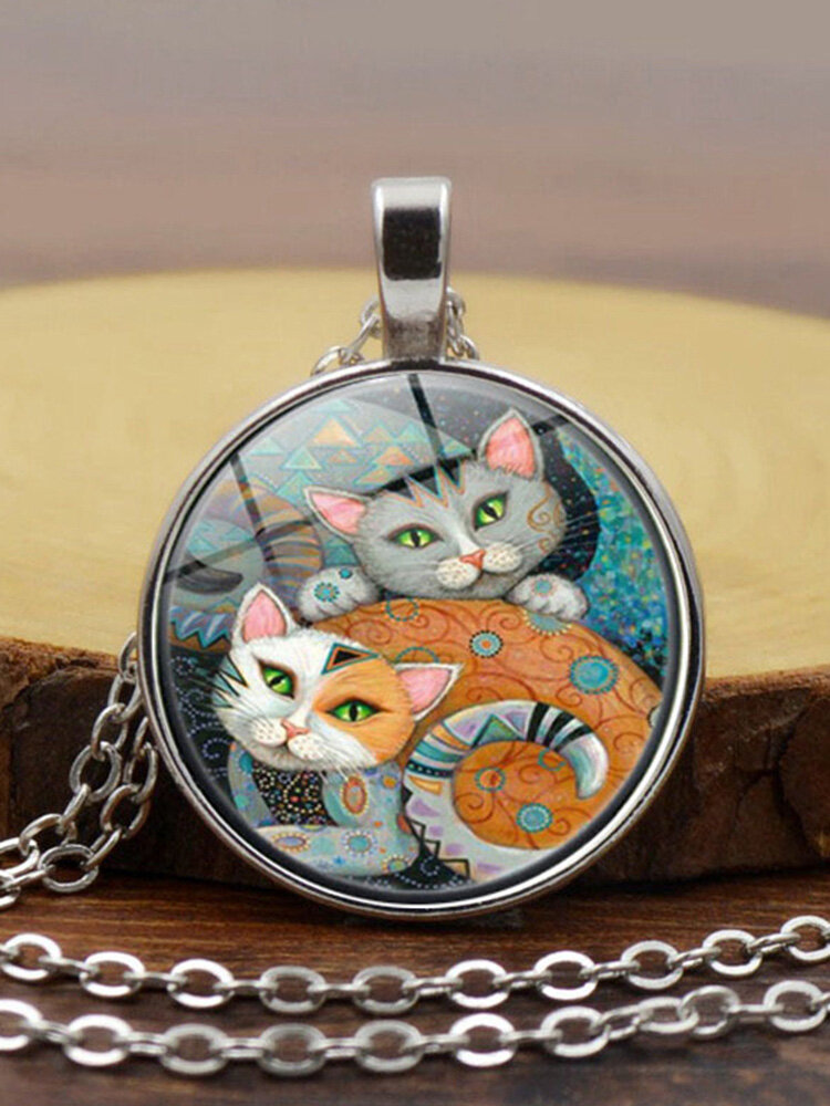 Vintage Glass Printed Women Necklace Cat Companion Pendant Necklace Jewelry Gift