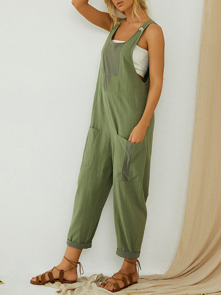 Contrast Color Patchwork Sleeveless Jumpsuit For Women