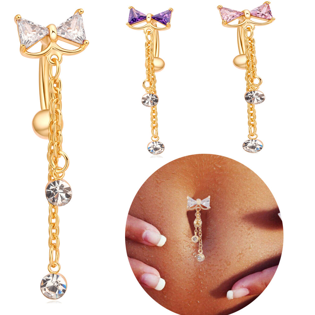 

Elegant Bowknot Belly Ring Tassel Rhinestone Navel Belly Piercing Ring for Women, Purple;white;pink