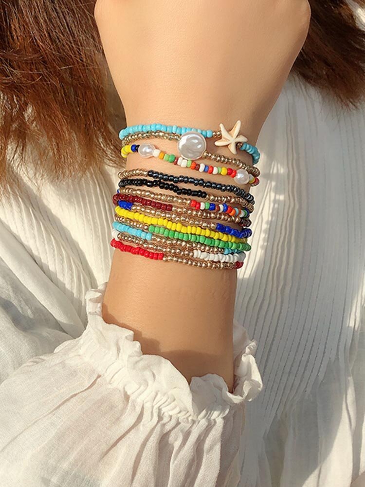 

3 Pcs Colorful Beach Rice Beads Bracelet Set Pearl Starfish Elastic Rope Women Beaded Bracelet
