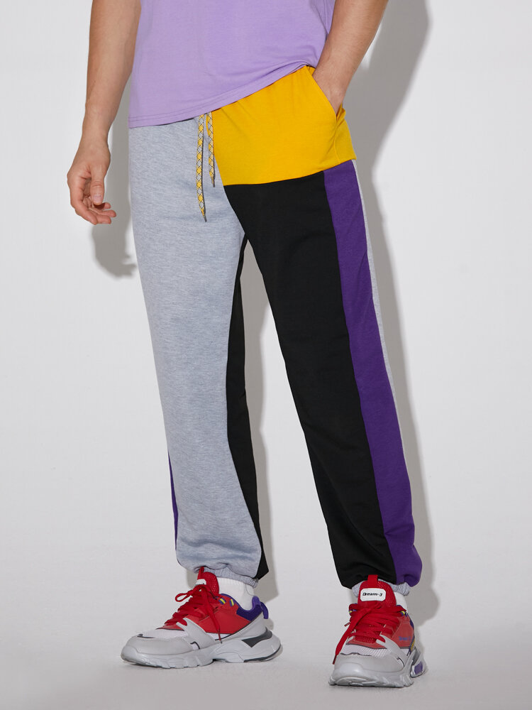 

Mens Colorblock Patchwork Sporty Drawstring Cuffed Pants With Pocket, Gray