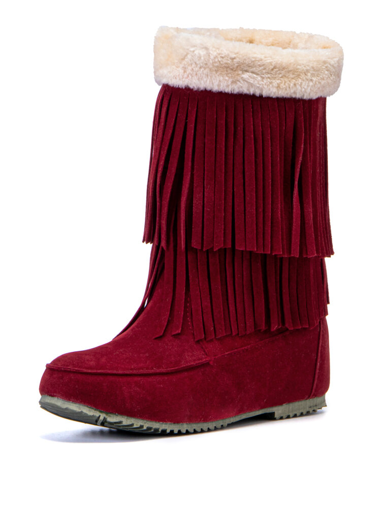

Women Tassel Boots Warm Fluff Flanging Mid-Calf Snow Boots, Yellow;red;black;beige;brown