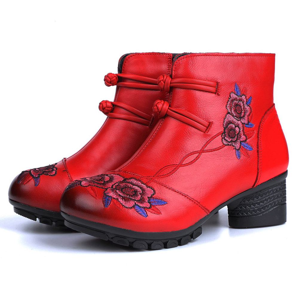 Flower Embroidered Frog Buttons Mid Heel Warm Lining Folkways Leather Boots 
