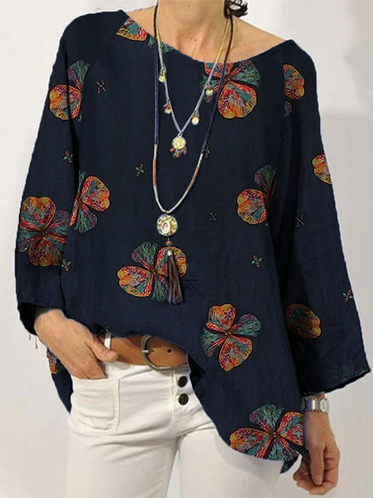 Donna Colorful Girocollo con stampa floreale Collo Camicetta a maniche lunghe