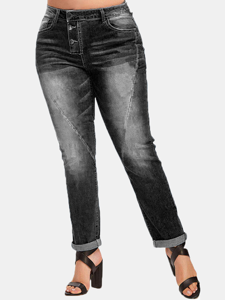 

Solid Color Button Pocket Long Casual Denim Jean for Women, Black;dark blue
